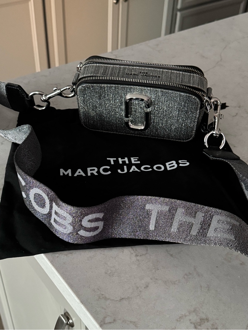 Never used Marc Jacobs Glitter Logo Strap Crossbody in Silver and Black